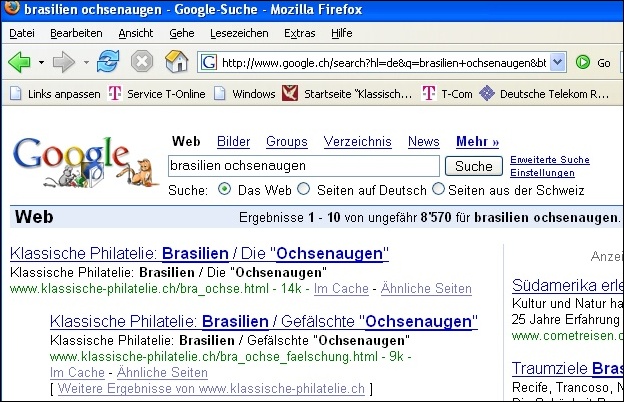 Screenshot 24. 12. 2005: Google-Suche nach „Brasilien Ochsenaugen“